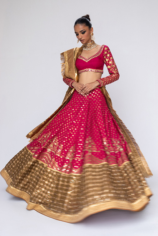 Pink and Olive Hand-Embroidered Silk Bridal Lehenga (3-Piece) - Image 4