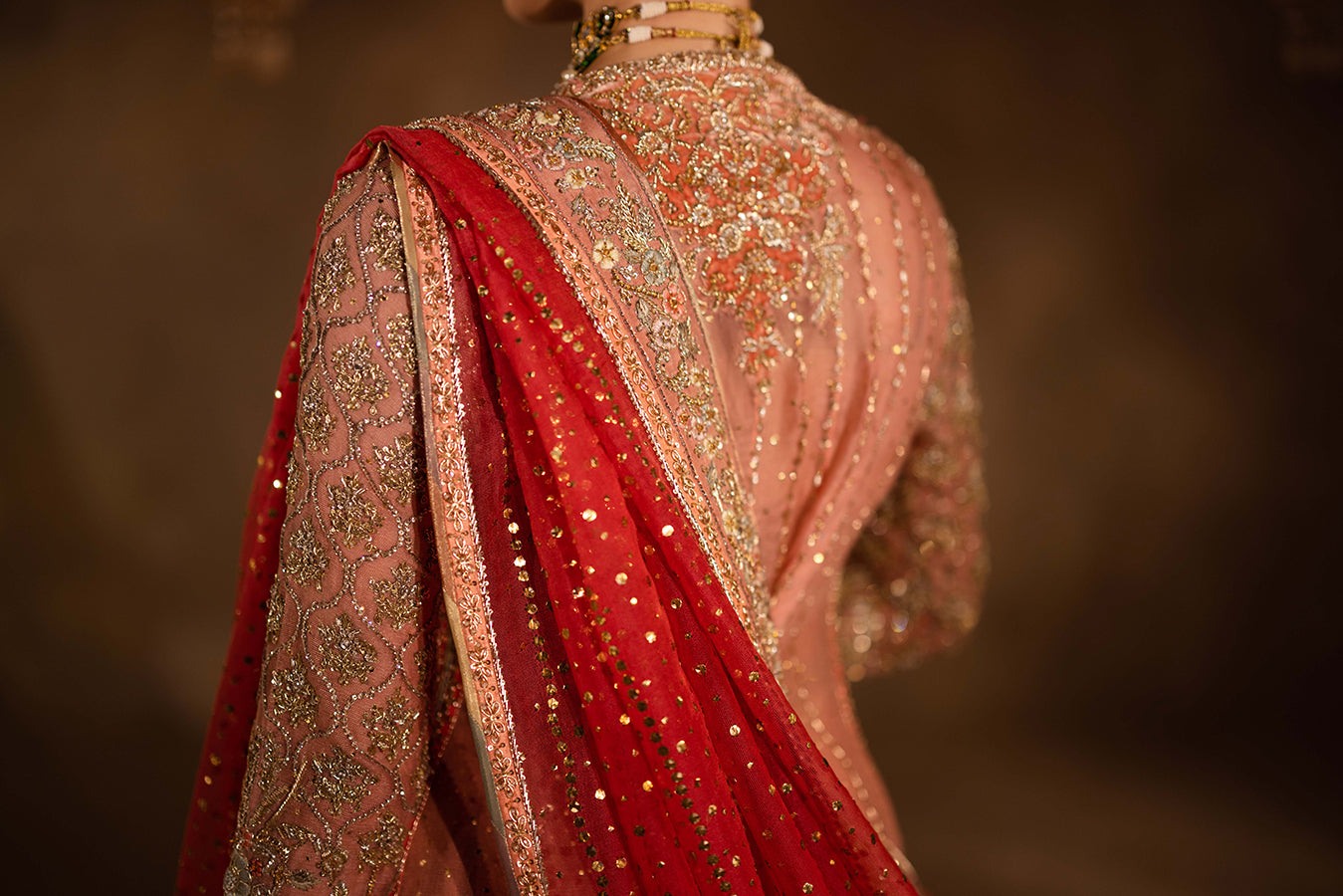 Pakistani Blush Pink Embroidered Net Silk Bridal Lehenga (3-Piece) - Image 9