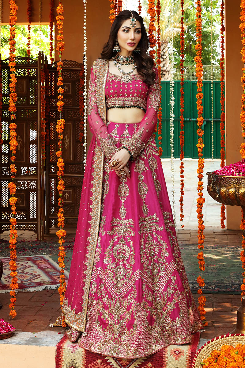 Pakistani Fuchsia Rose Hand-Embellished Silk Lehnga Choli (3-Piece) - Image 1