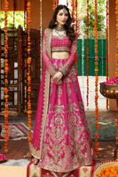 Pakistani Fuchsia Rose Hand-Embellished Silk Lehnga Choli (3-Piece) - Image 9