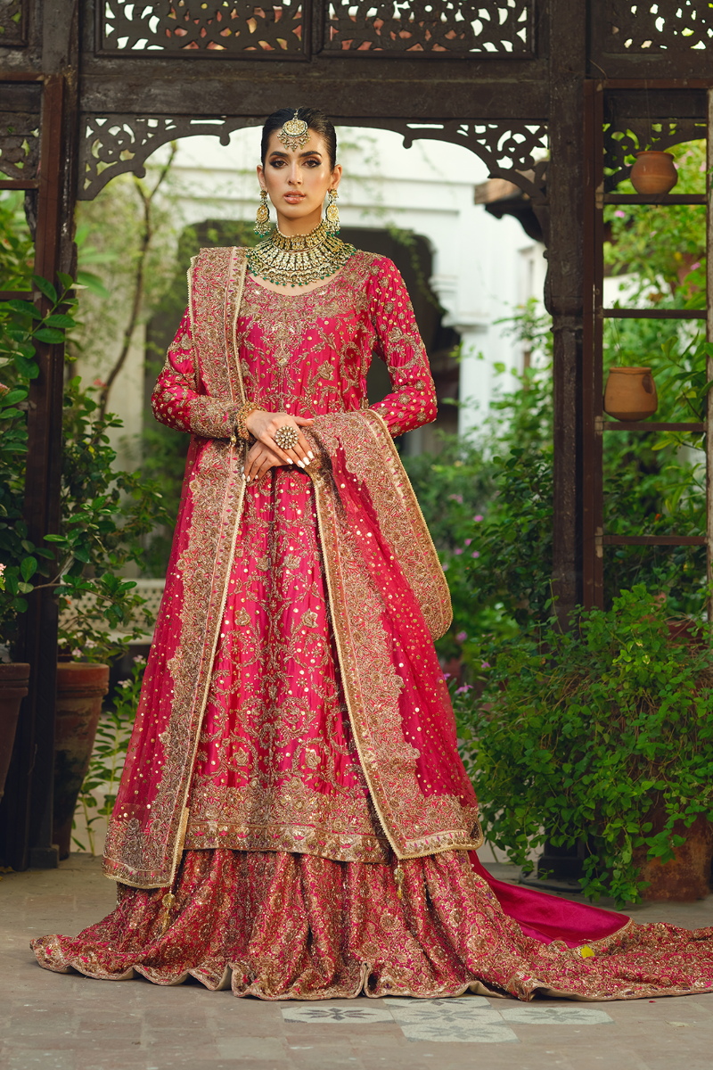 Fuchsia Gold Embroidered Silk Farshi Lehenga (3-Piece) - Image 1