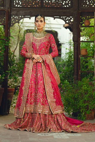 Fuchsia Gold Embroidered Silk Farshi Lehenga (3-Piece) - Image 2