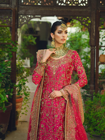 Fuchsia Gold Embroidered Silk Farshi Lehenga (3-Piece) - Image 8