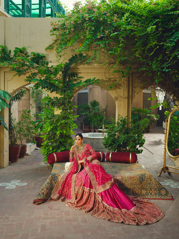 Fuchsia Gold Embroidered Silk Farshi Lehenga (3-Piece) - Image 9