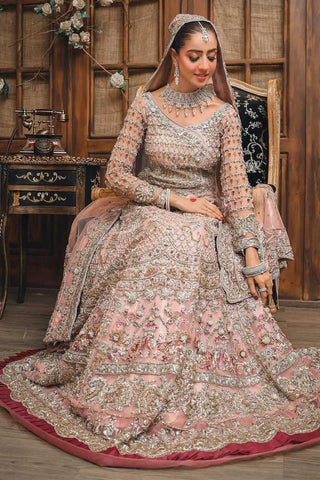 Pakistani Blush Pink Embellished Silk Net Bridal Lehenga (3-Piece) - Image 2