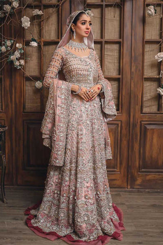 Pakistani Blush Pink Embellished Silk Net Bridal Lehenga (3-Piece) - Image 3