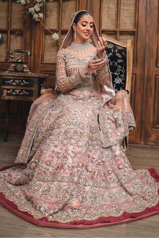 Pakistani Blush Pink Embellished Silk Net Bridal Lehenga (3-Piece) - Image 4
