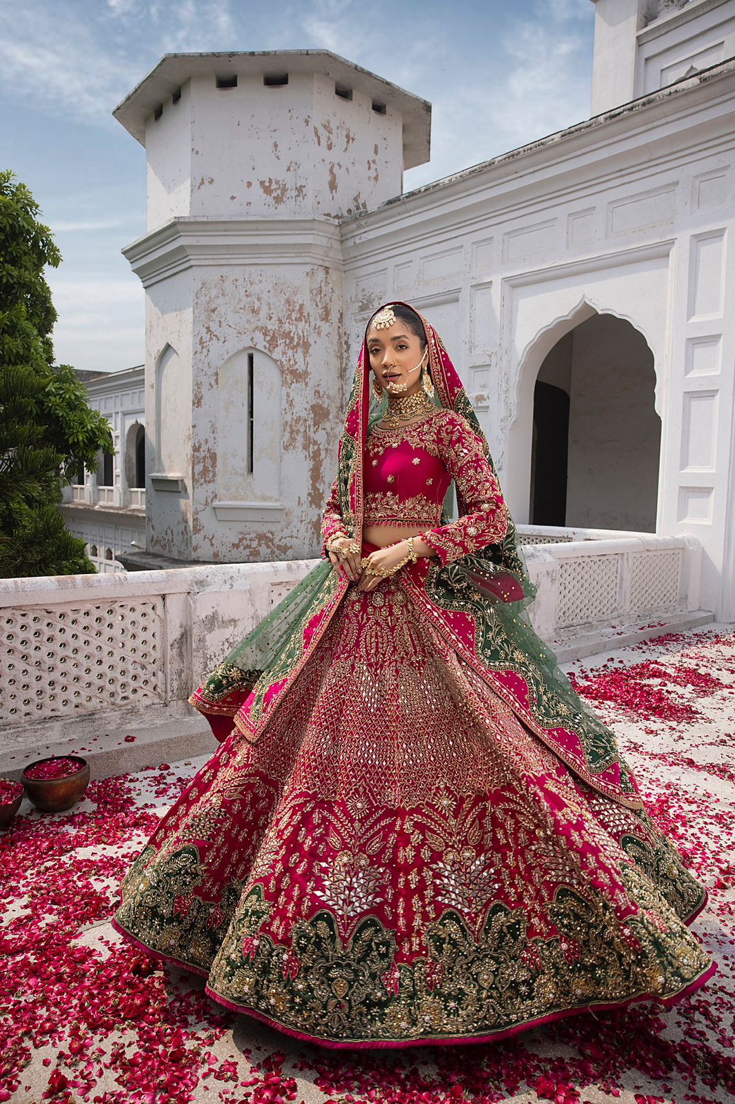 Pakistani Shocking Pink Embroidered Silk Bridal Choli Lehenga (3-Piece) - Image 1