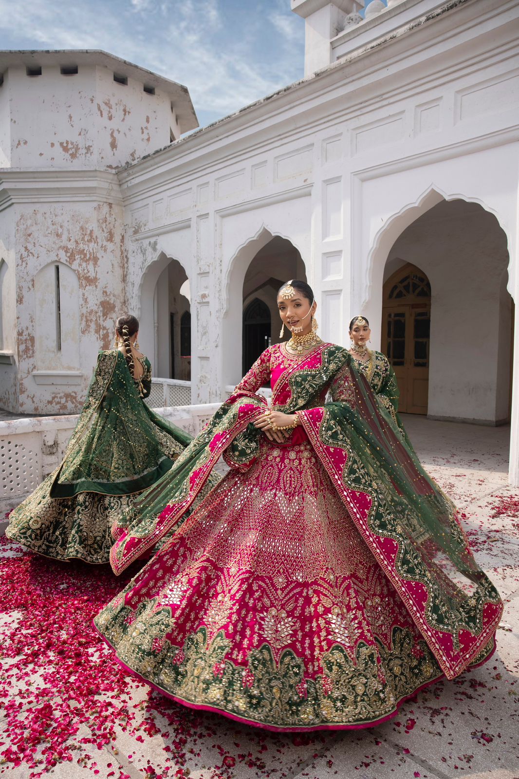 Pakistani Shocking Pink Embroidered Silk Bridal Choli Lehenga (3-Piece) - Image 3