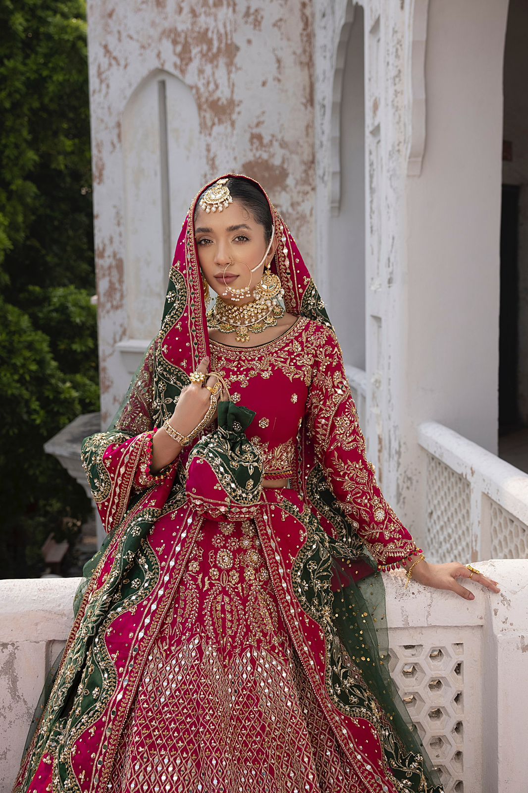 Pakistani Shocking Pink Embroidered Silk Bridal Choli Lehenga (3-Piece) - Image 4