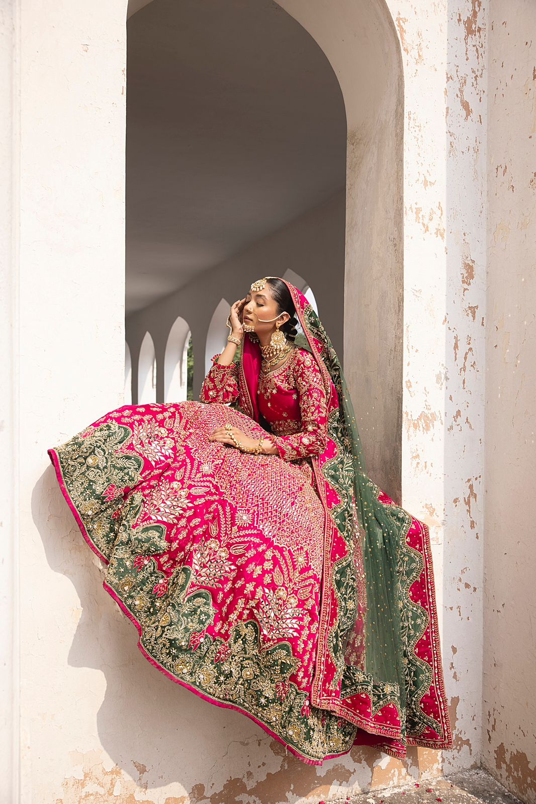 Pakistani Shocking Pink Embroidered Silk Bridal Choli Lehenga (3-Piece) - Image 5