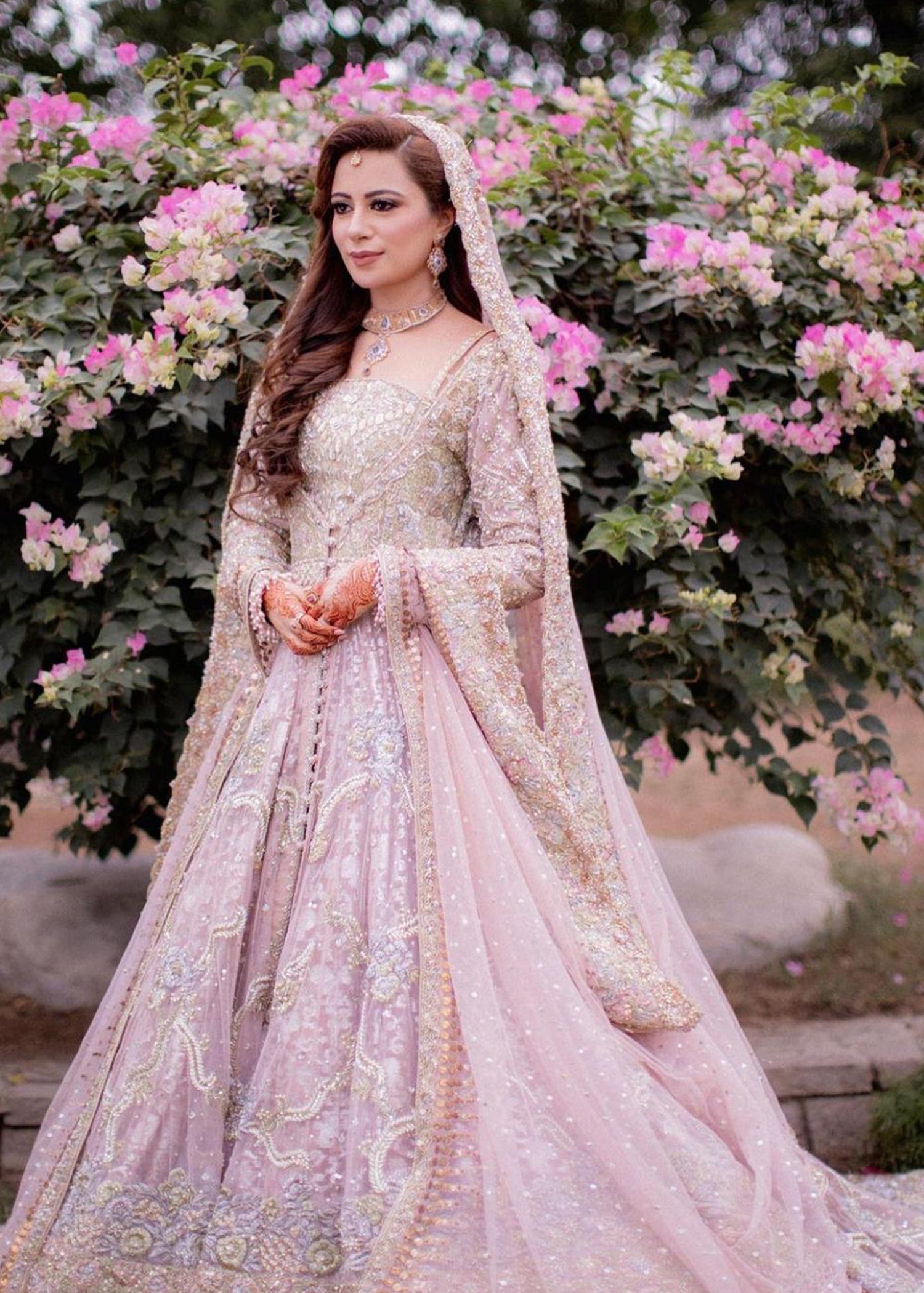 Pakistani Blush Pink Embellished Net Silk Bridal Lehenga (3-Piece) - Image 1