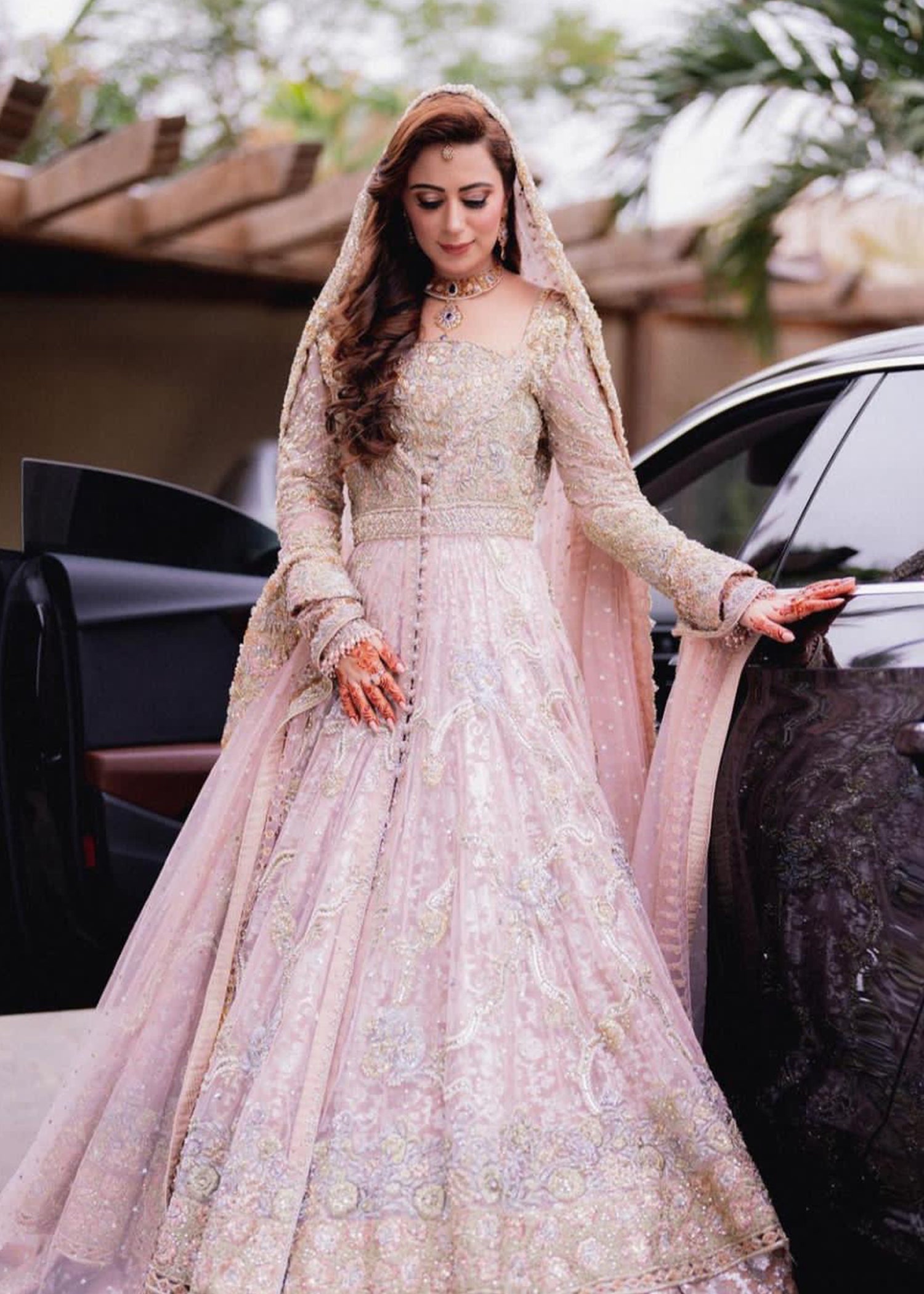 Pakistani Blush Pink Embellished Net Silk Bridal Lehenga (3-Piece) - Image 2