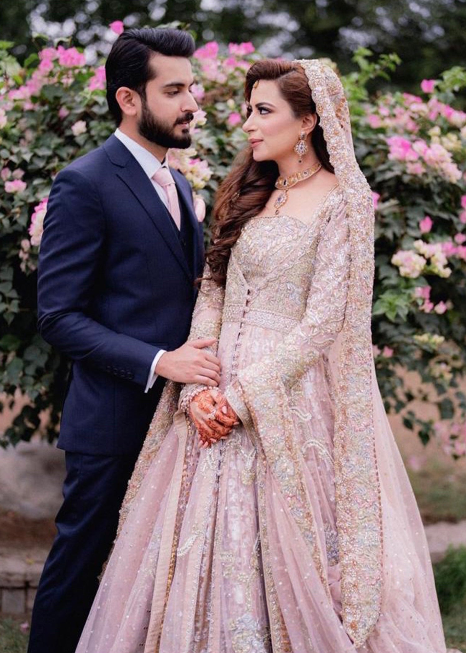 Pakistani Blush Pink Embellished Net Silk Bridal Lehenga (3-Piece) - Image 3