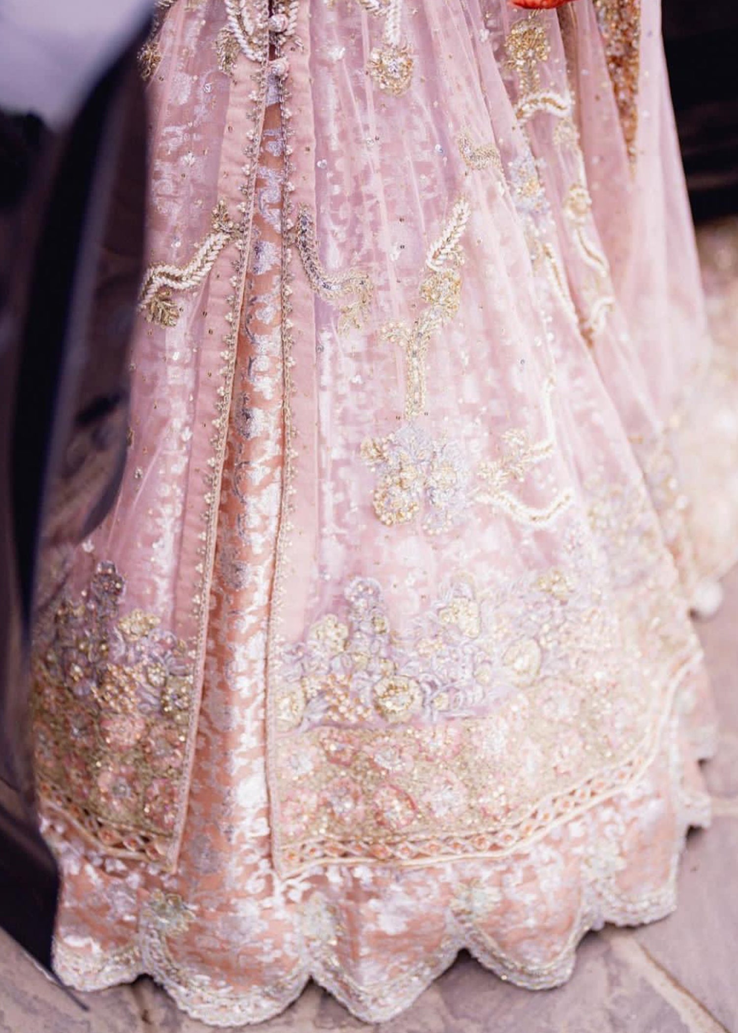 Pakistani Blush Pink Embellished Net Silk Bridal Lehenga (3-Piece) - Image 4