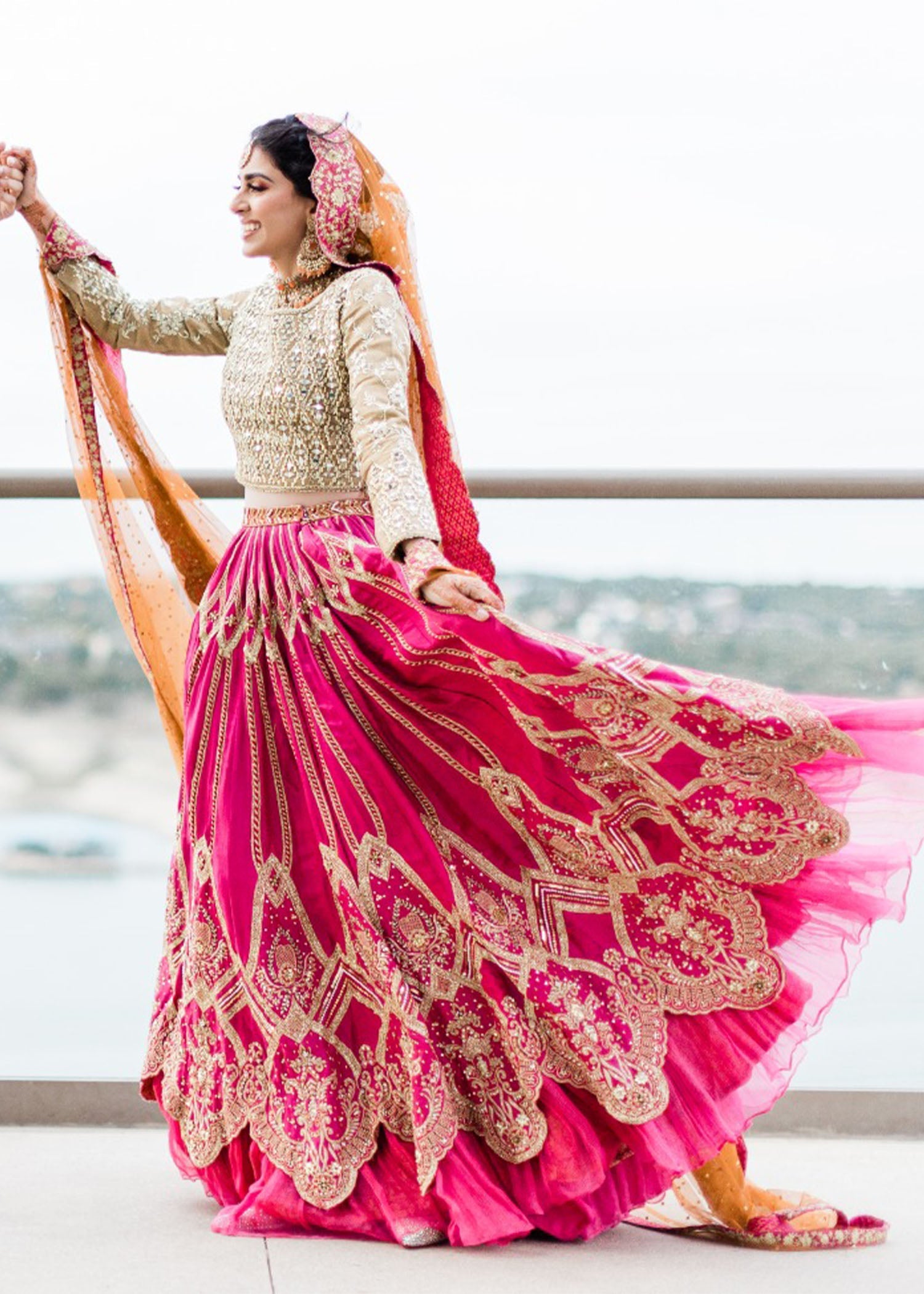 Fuchsia Gold Embellished Silk Bridal Lehenga (3-Piece) - Image 1