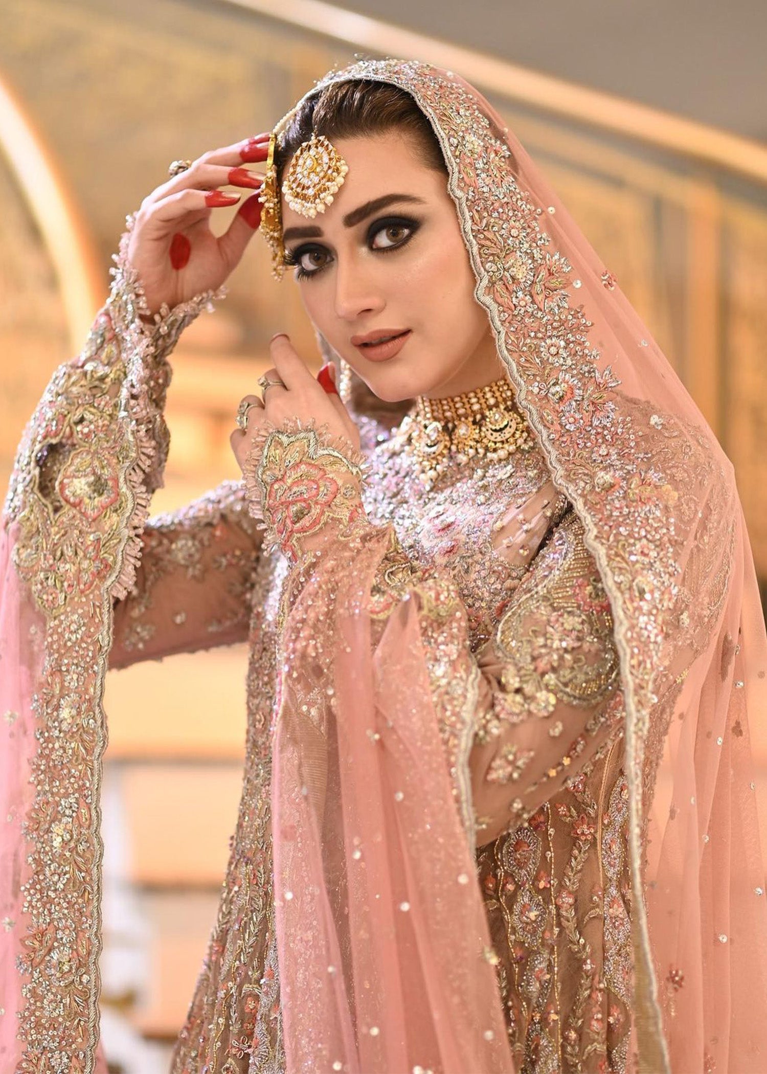 Blush Pink Embellished Silk Bridal Lehenga (3-Piece) - Image 4