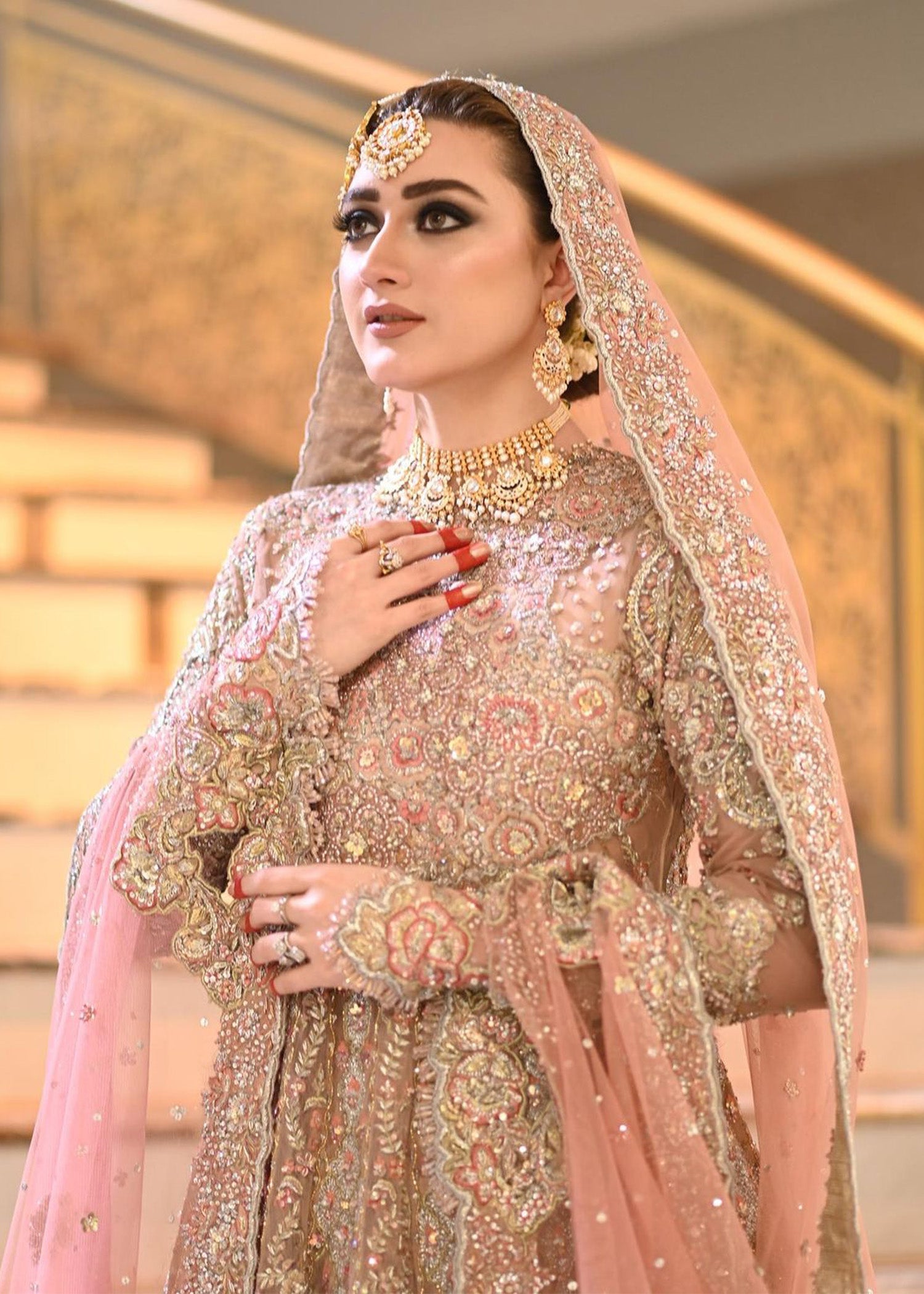 Blush Pink Embellished Silk Bridal Lehenga (3-Piece) - Image 6