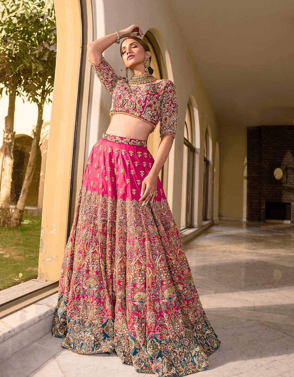 Fuchsia Hand-Embellished Silk Lehenga Set (3-Piece) - Image 1