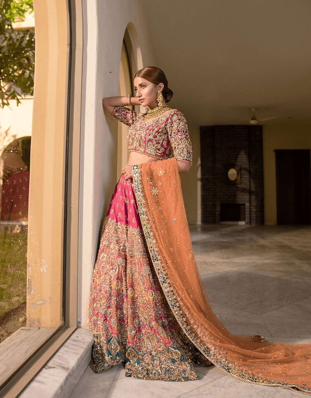 Fuchsia Hand-Embellished Silk Lehenga Set (3-Piece) - Image 4