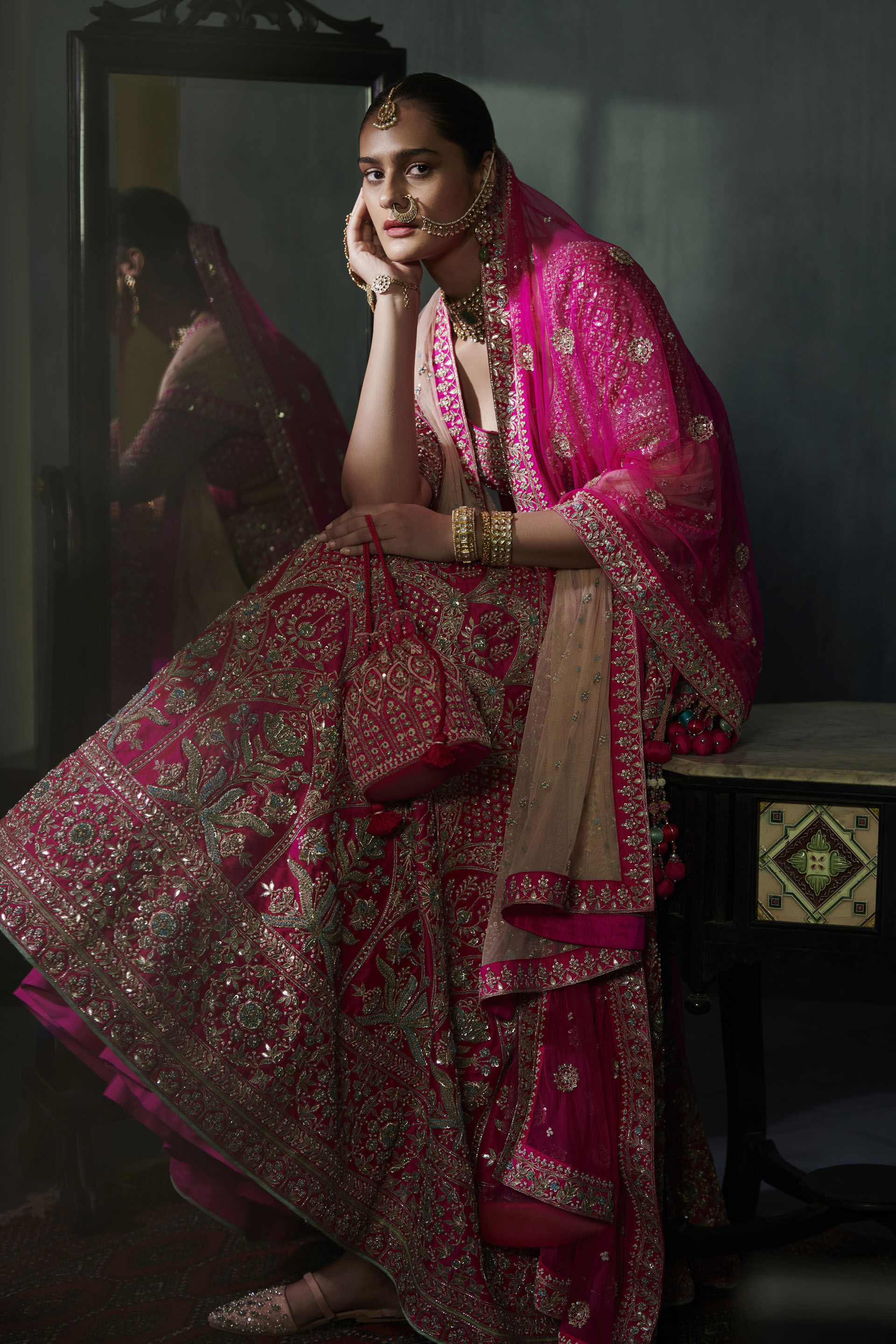 Pink Zardozi Embroidered Silk Bridal Lehenga (4-Piece) - Image 1