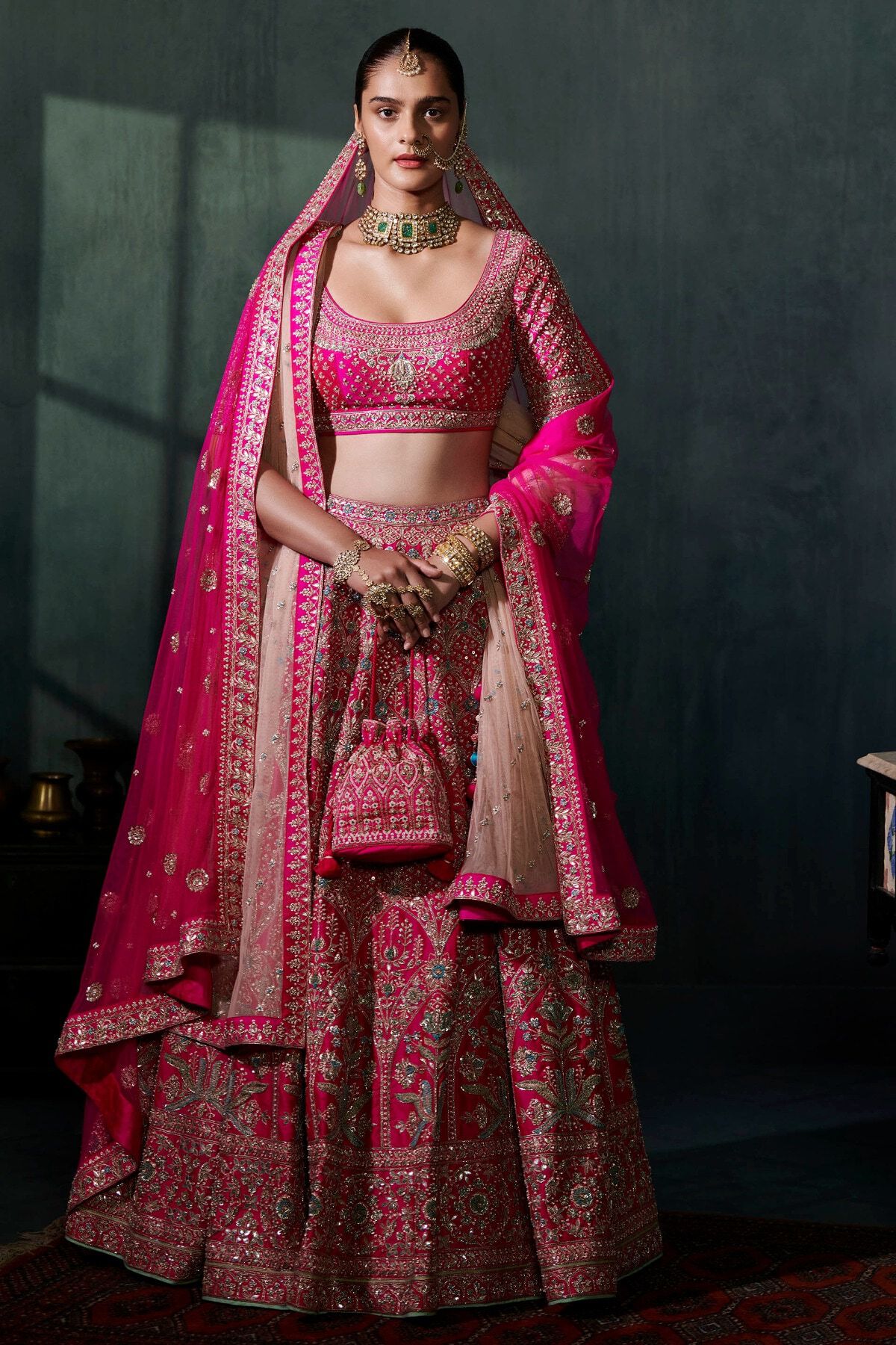 Pink Zardozi Embroidered Silk Bridal Lehenga (4-Piece) - Image 2