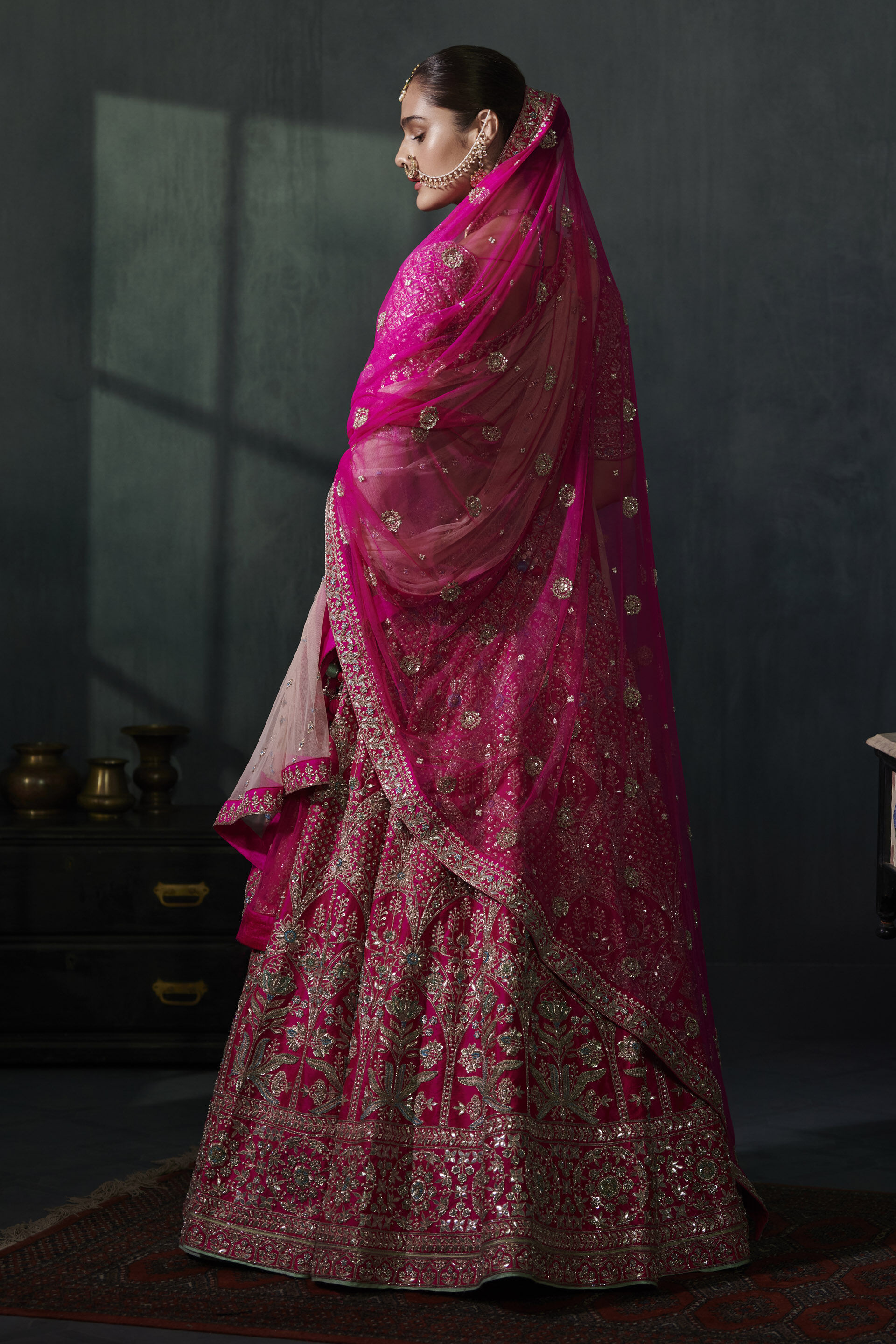 Pink Zardozi Embroidered Silk Bridal Lehenga (4-Piece) - Image 3