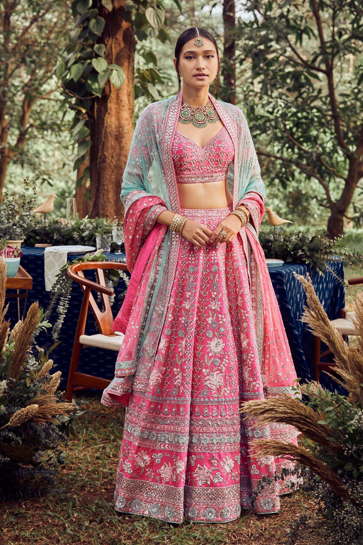 Indian Pink Embroidered Silk Lehenga Dress (3-Piece) - Image 1