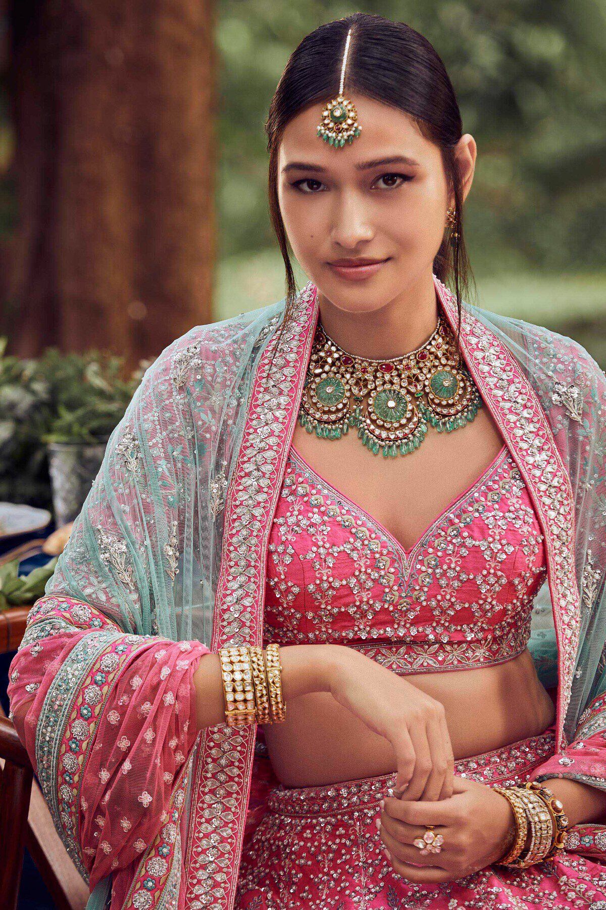 Indian Pink Embroidered Silk Lehenga Dress (3-Piece) - Image 2