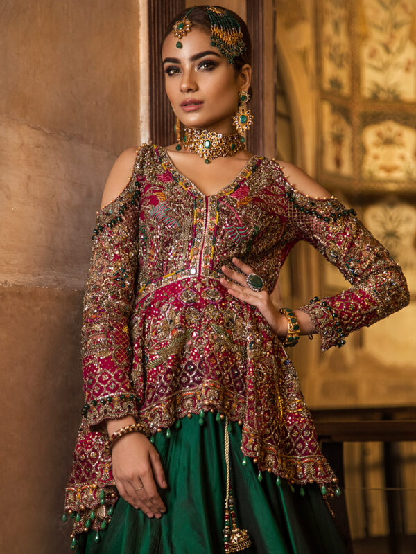 Pakistani Tile Pink & Green Embellished Silk Bridal Lehenga (2-Piece) - Image 1