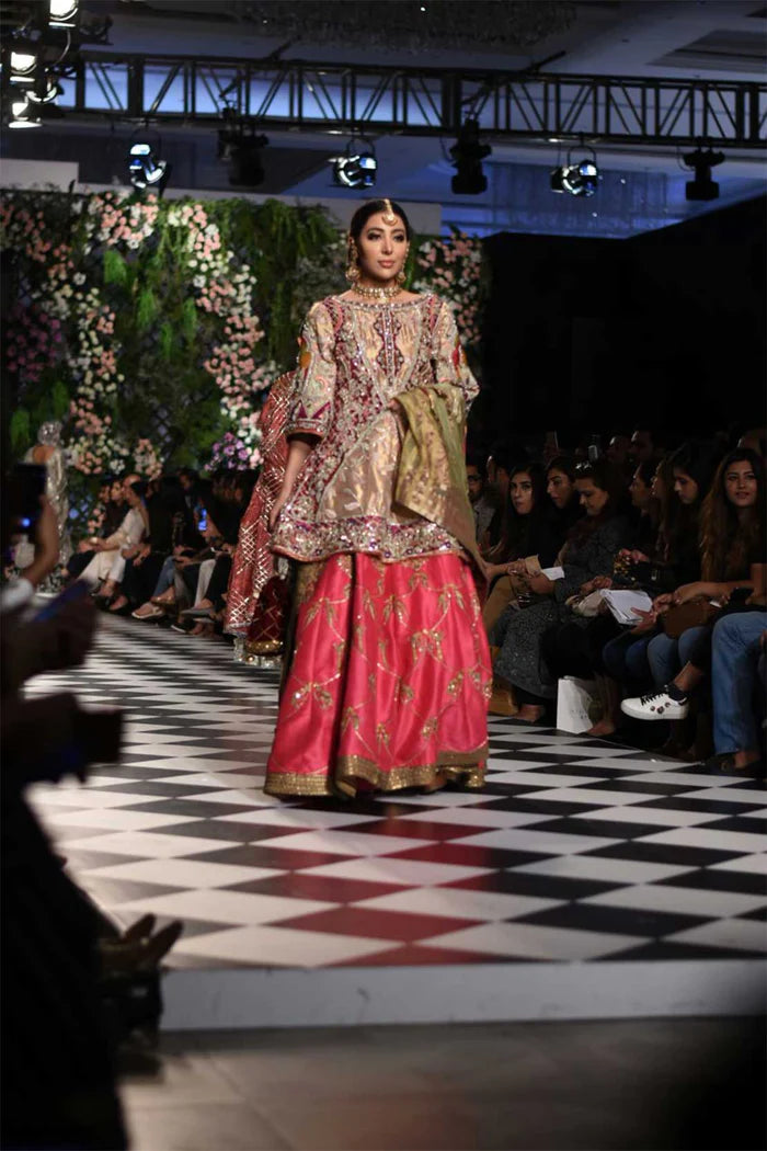 Pakistani Fuchsia Gold Embroidered Silk Lehenga (3-Piece) - Image 1