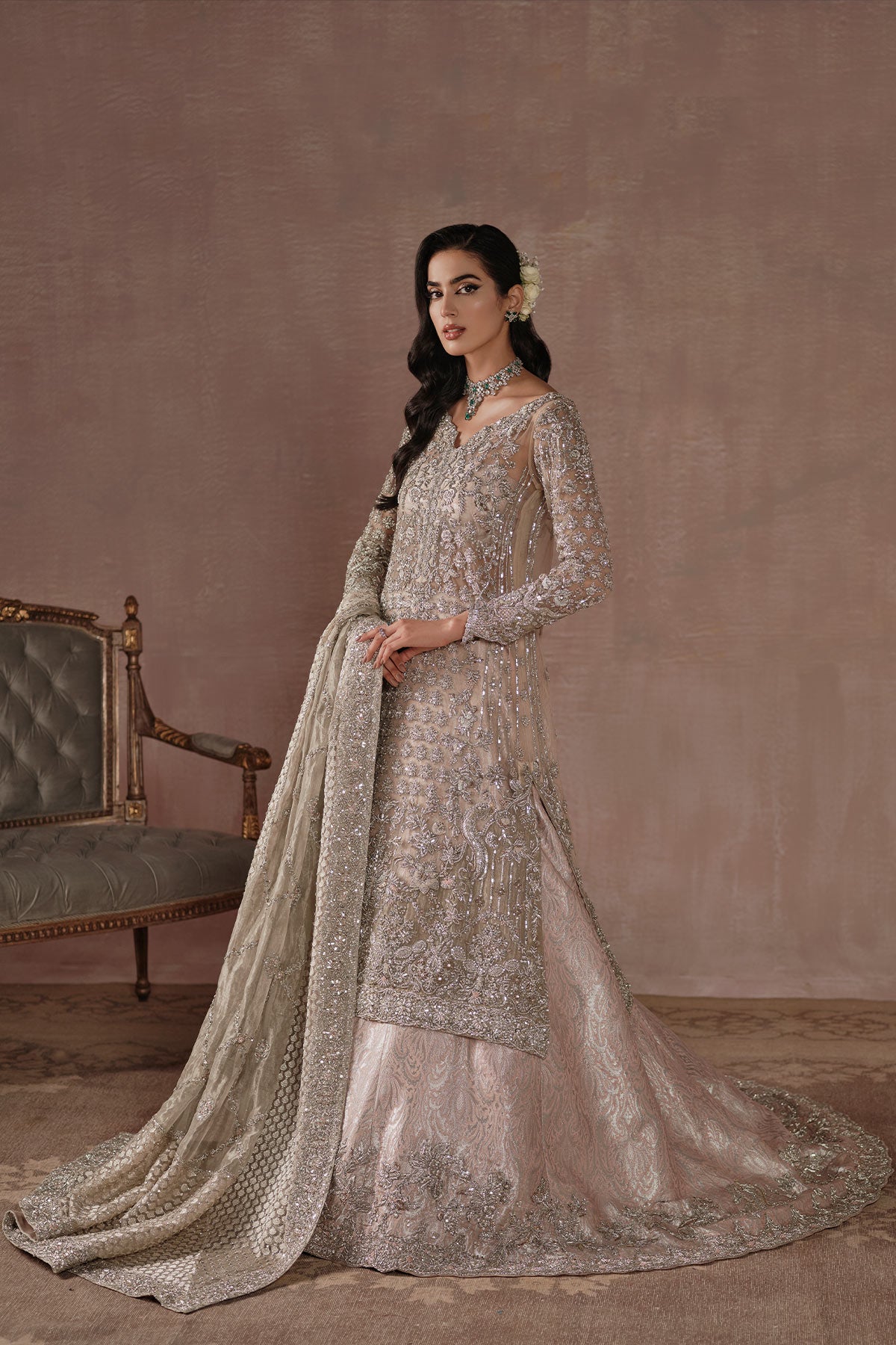 Pakistani Blush Pink Zardozi Net & Silk Lehenga (3-Piece) - Image 1