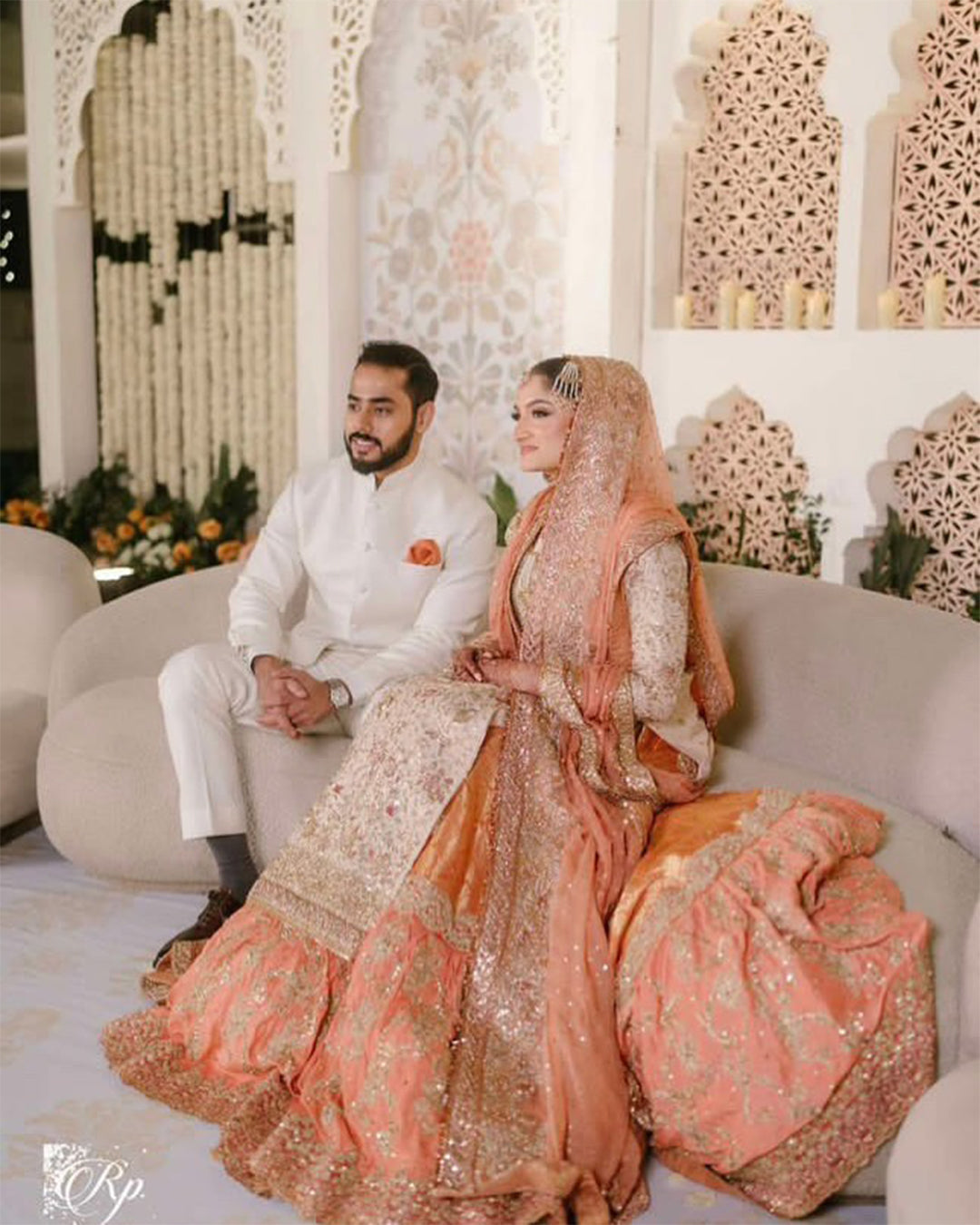 Pakistani Peach Gold Embellished Silk Bridal Lehenga (3-Piece) - Image 1