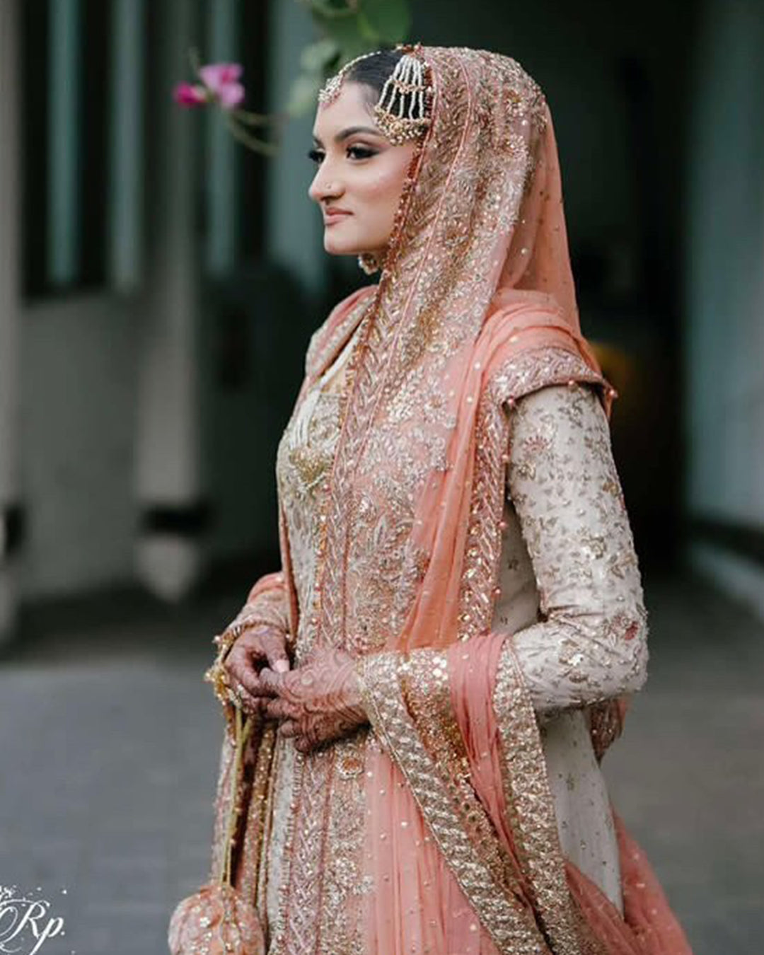 Pakistani Peach Gold Embellished Silk Bridal Lehenga (3-Piece) - Image 4