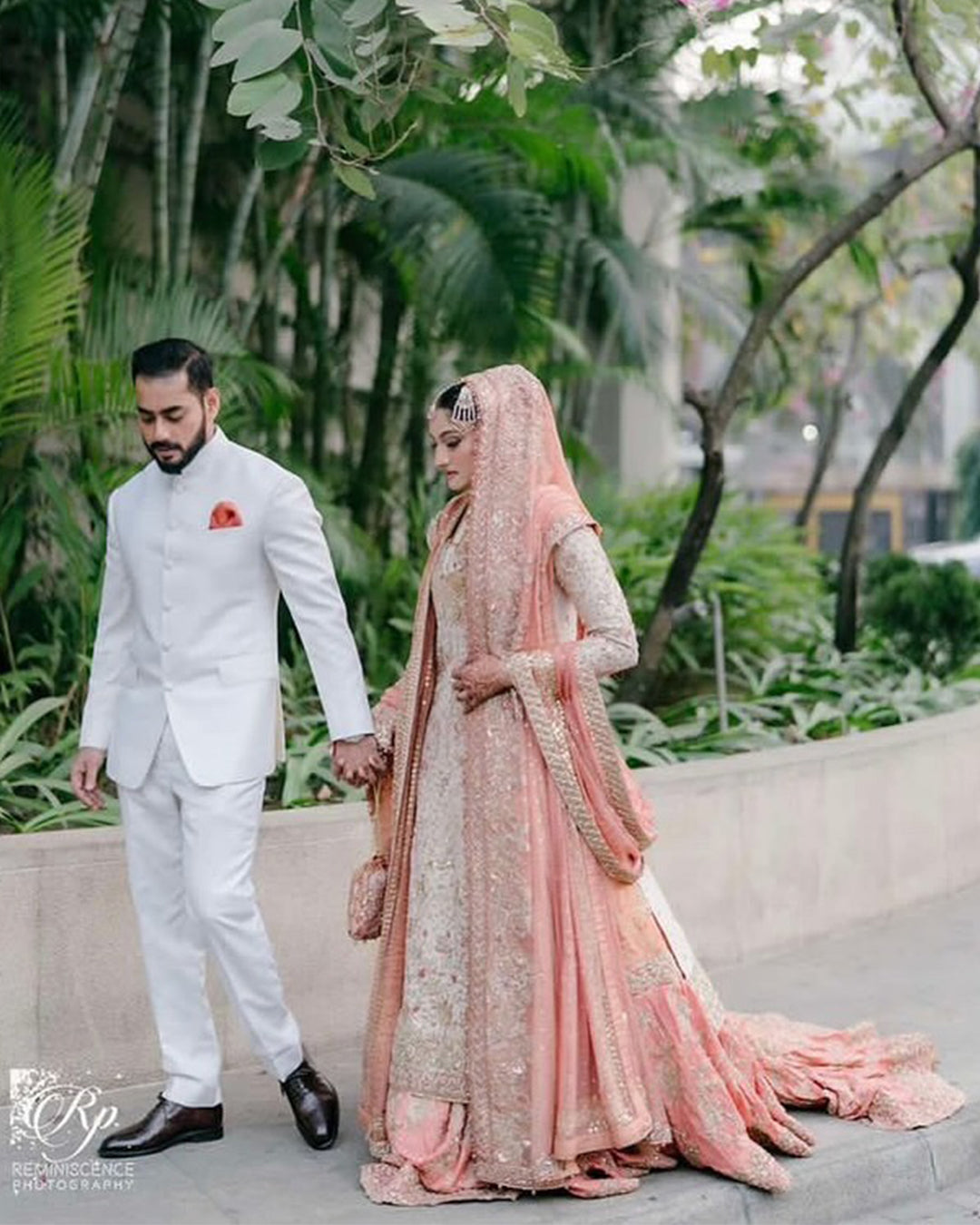 Pakistani Peach Gold Embellished Silk Bridal Lehenga (3-Piece) - Image 5