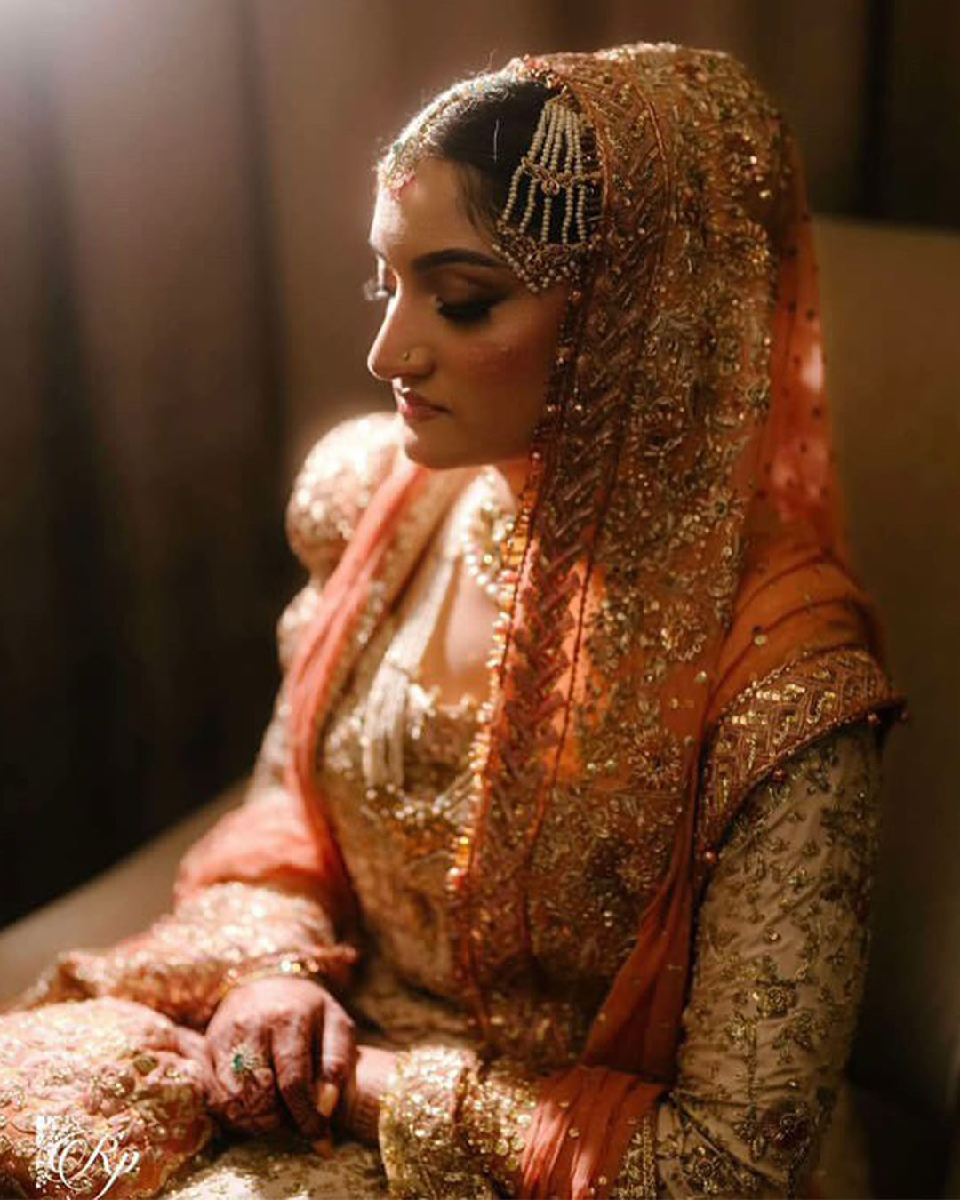 Pakistani Peach Gold Embellished Silk Bridal Lehenga (3-Piece) - Image 6