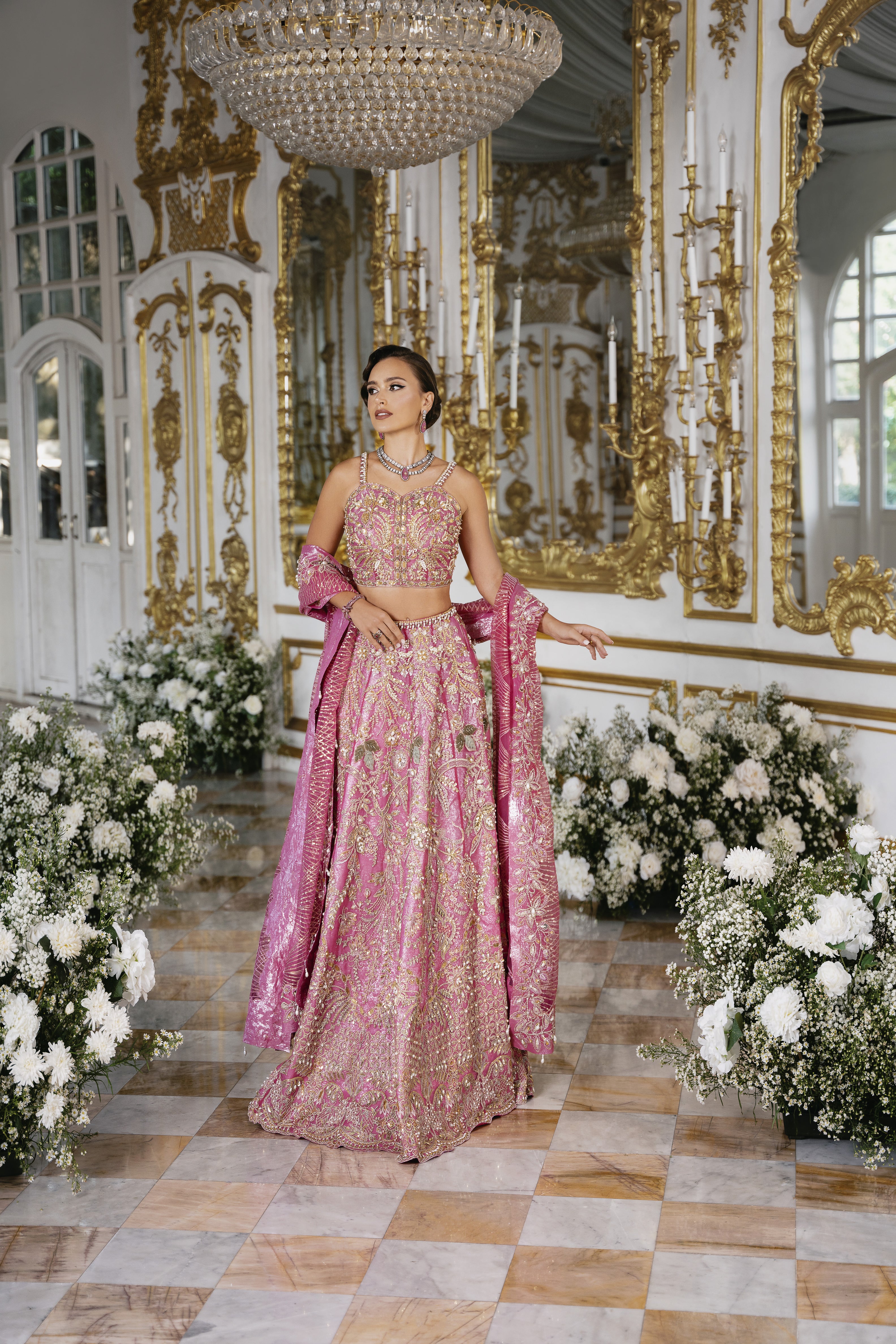 Vivid Pink Embellished Silk-Blend Lehenga Choli (3-Piece) - Image 1