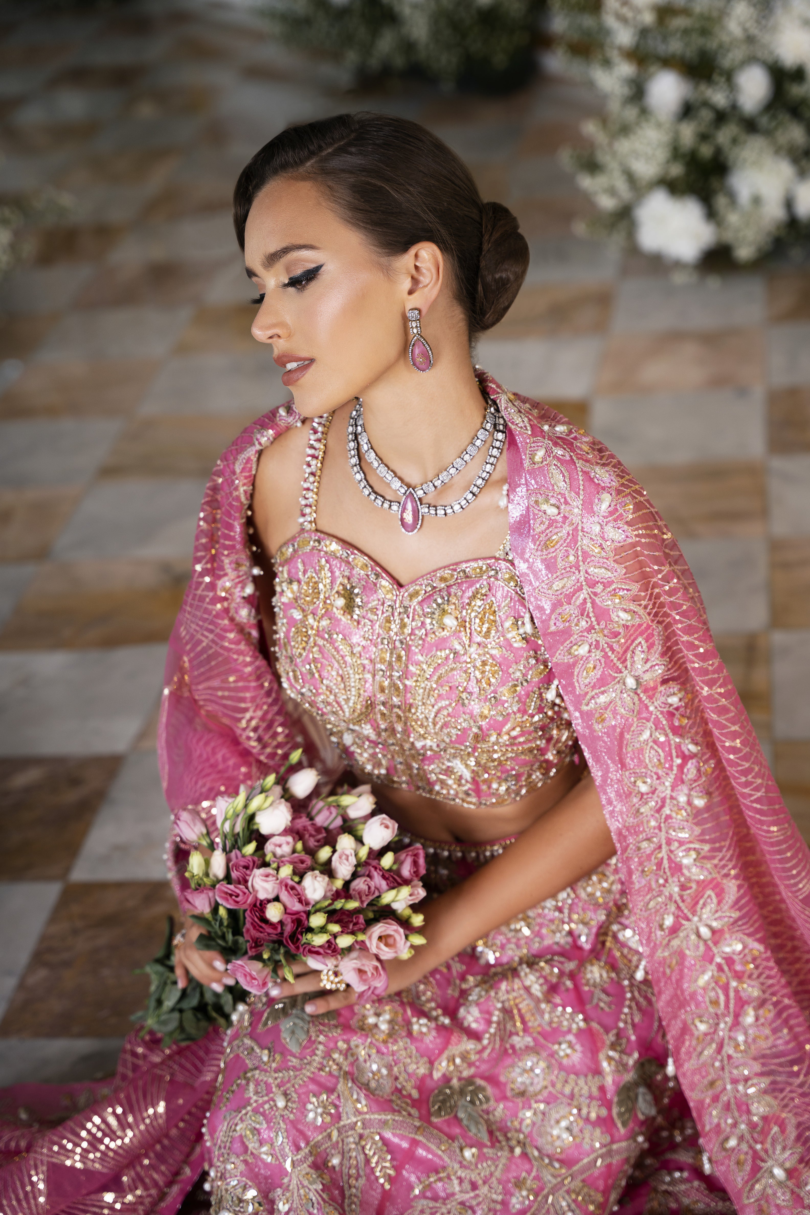 Vivid Pink Embellished Silk-Blend Lehenga Choli (3-Piece) - Image 3