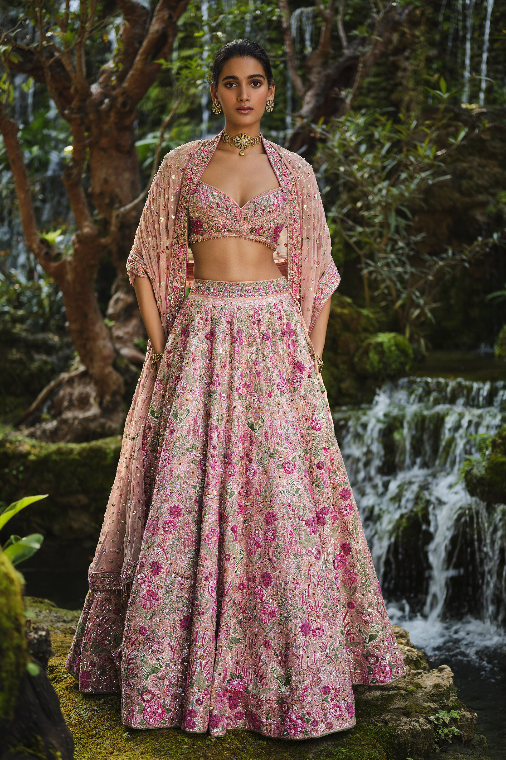Indian Blush Embroidered Silk Lehenga Set (3-Piece) - Image 1