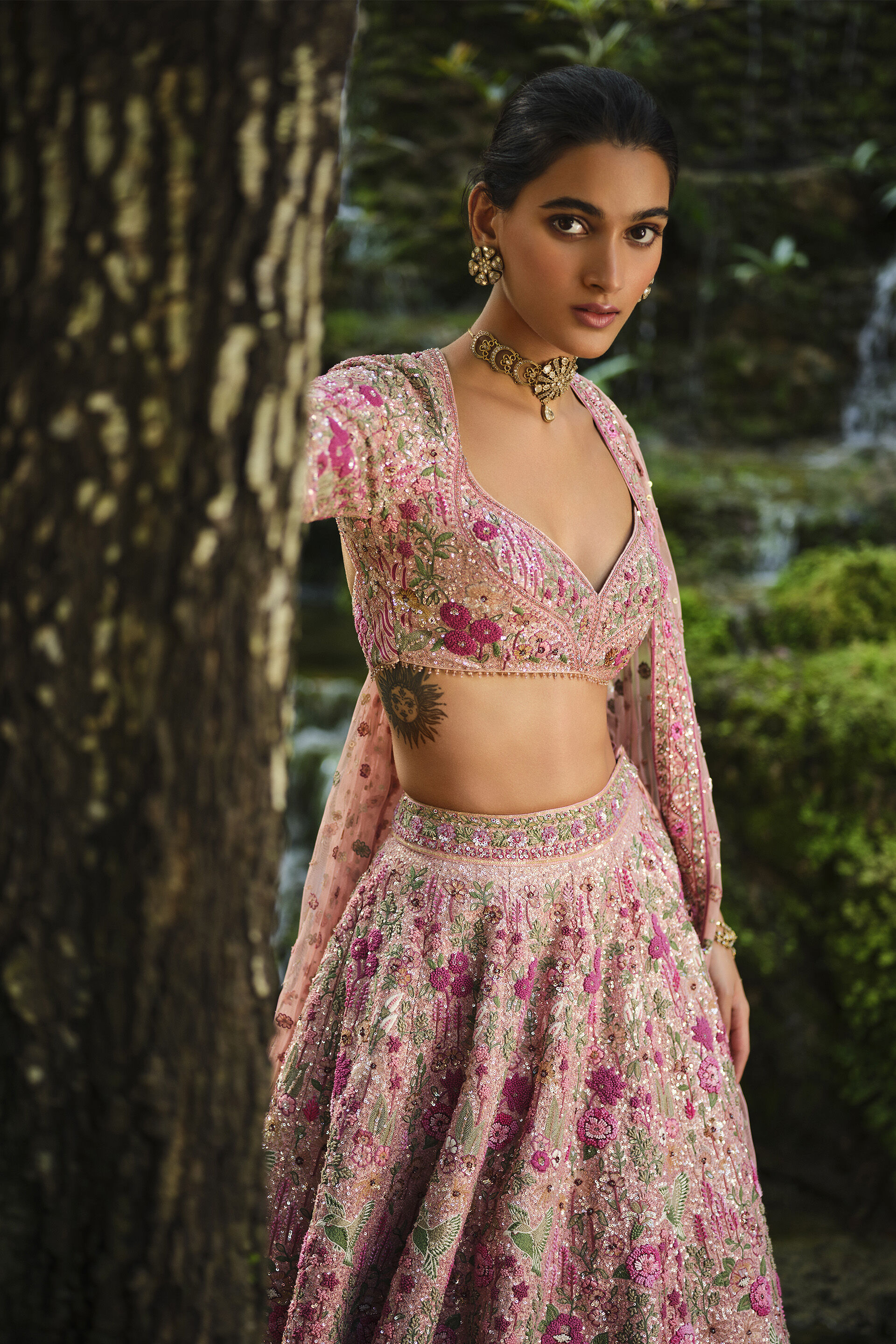Indian Blush Embroidered Silk Lehenga Set (3-Piece) - Image 3