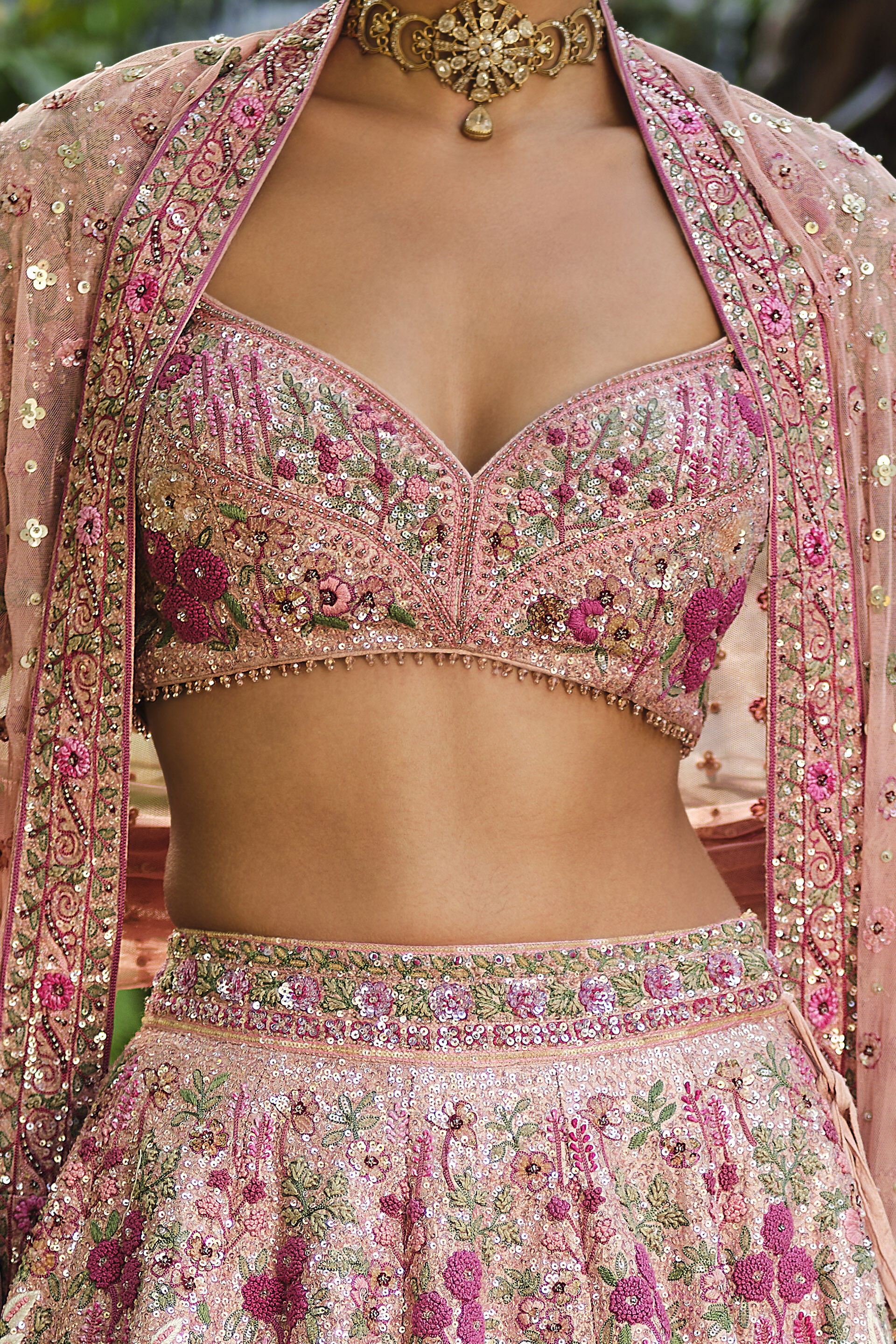 Indian Blush Embroidered Silk Lehenga Set (3-Piece) - Image 4
