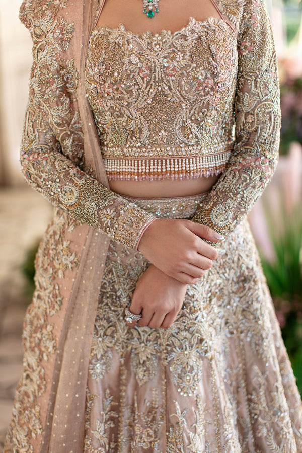 Pakistani Tea Pink Embellished Silk-Blend Bridal Lehnga Choli (3-Piece) - Image 3