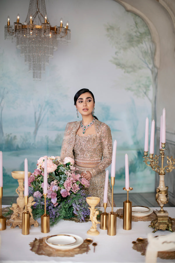 Pakistani Tea Pink Embellished Silk-Blend Bridal Lehnga Choli (3-Piece) - Image 6