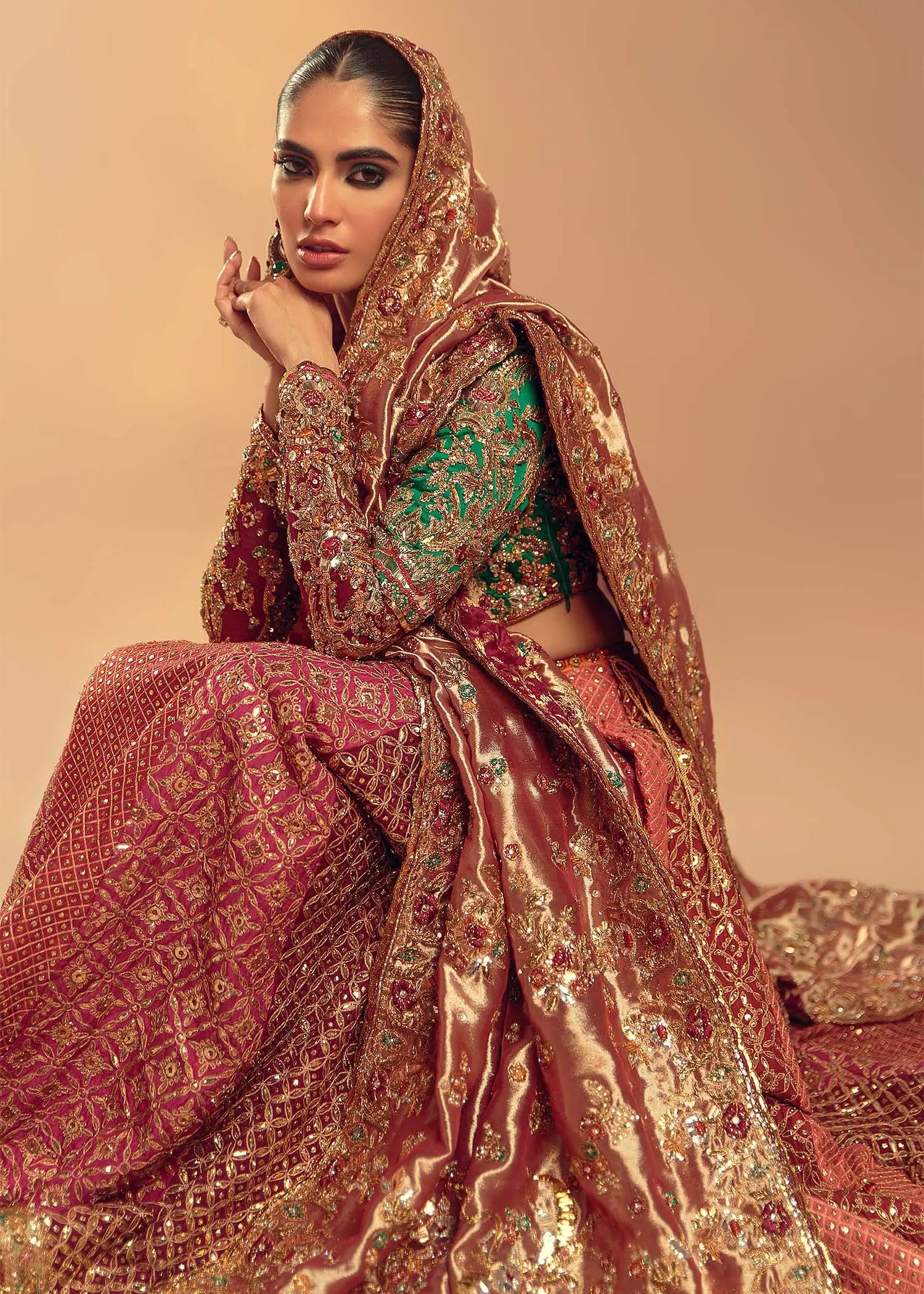 Berry Pink Embroidered Silk-Blend Bridal Lehenga Choli (3-Piece) - Image 3