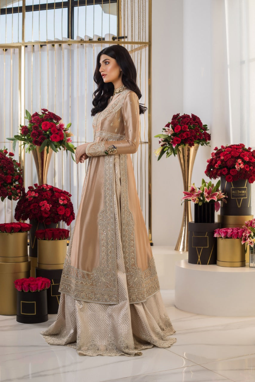 Pakistani Pearl Pink Aari Embroidered Tissue Lehenga (3-Piece) - Image 2