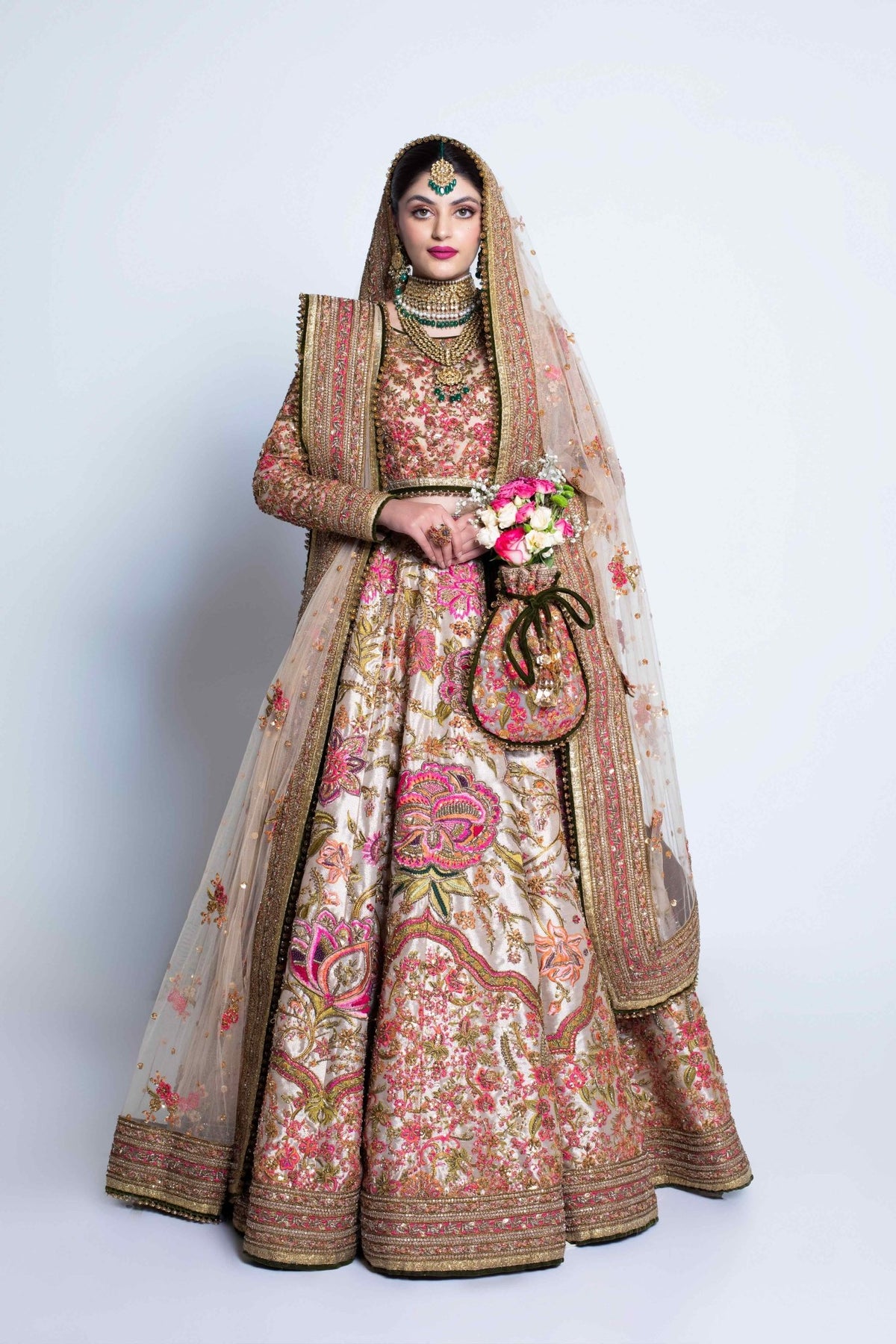 Pakistani Goshi Embroidered Tissue Lehnga Choli (3-Piece) - Image 1