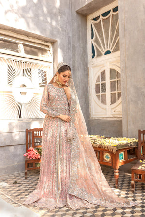 Soft Salmon Pink Embroidered Tissue Kalidar Peshwas (3-Piece) - Image 1