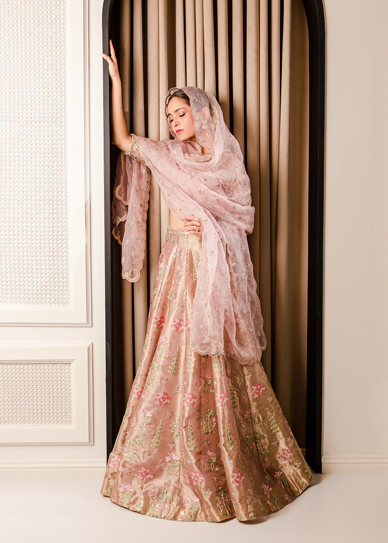 Pink Embroidered Tissue & Net Lehenga Choli (3-Piece) - Image 1