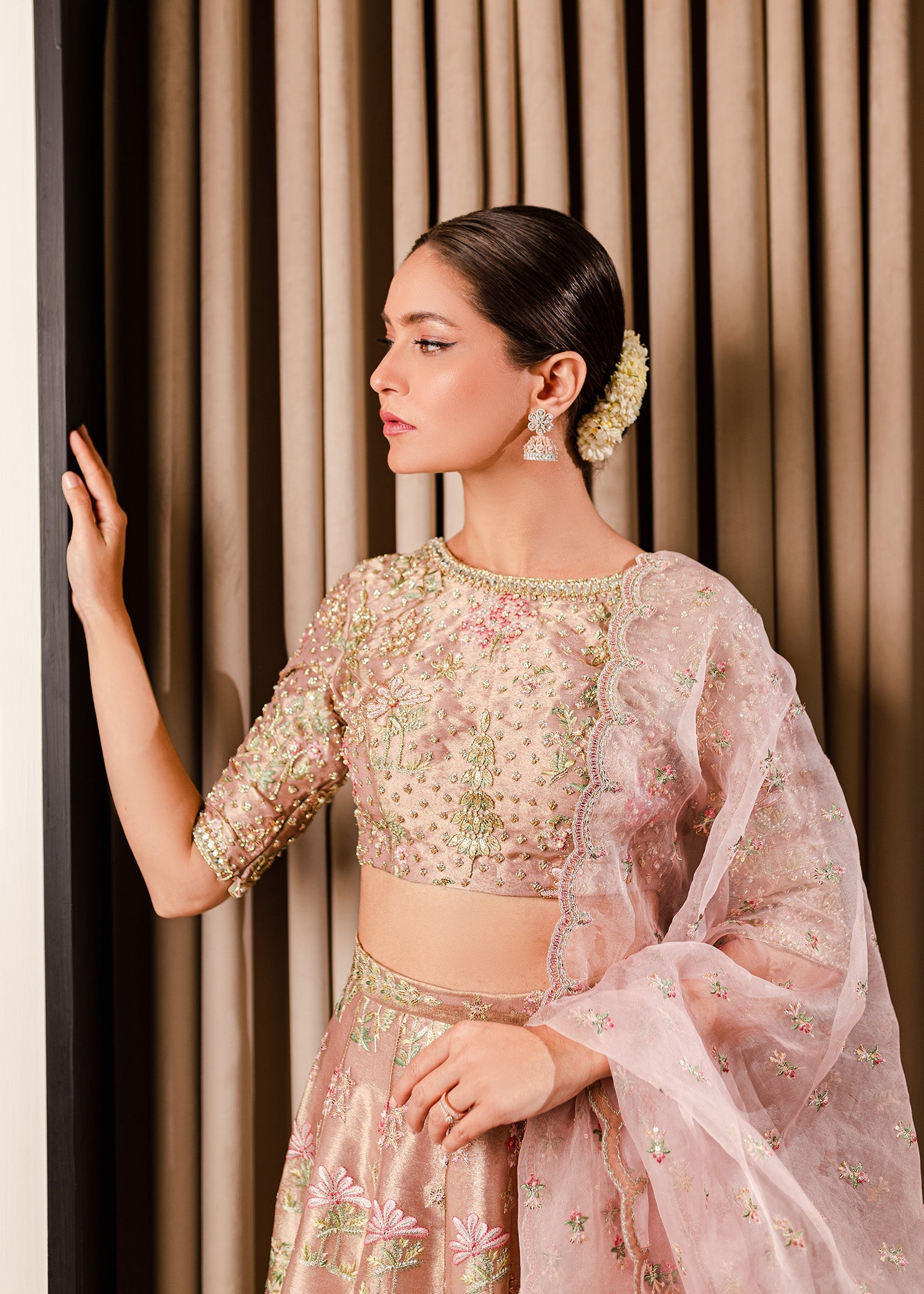 Pink Embroidered Tissue & Net Lehenga Choli (3-Piece) - Image 3