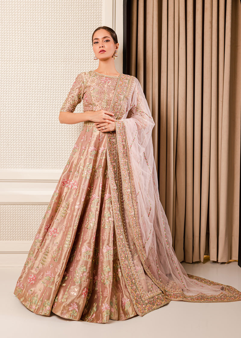 Pink Crystal Embroidered Tissue & Net Choli Lehnga (3-Piece) - Image 1